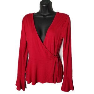 Good Luck Gem Red Wrap Top Medium Bell Sleeve Peplum V Neck NWT